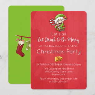 Invitation de Noël avec un elfe mignon et une cann