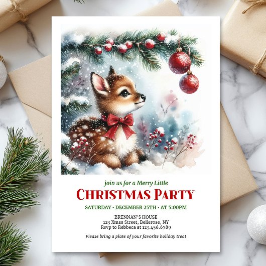 Invitation de Noël bébé cerf forêt enneigée lumine