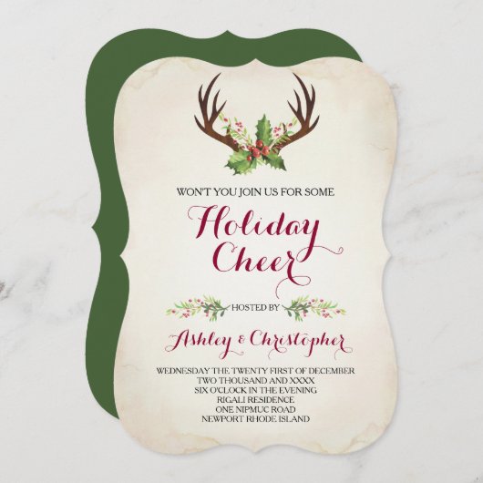 Invitation de Noël Boho ~ Rustic Deer Antler (Devant / Derrière)