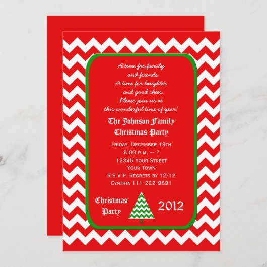 Invitation de Noël Chevron rouge et blanc (Devant / Derrière)