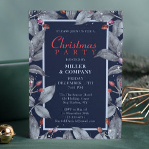 Invitation de Noël d'entreprise Fleurs Navy Argent