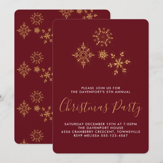 Invitation de Noël des flocons dorés décoratifs (Devant / Derrière)