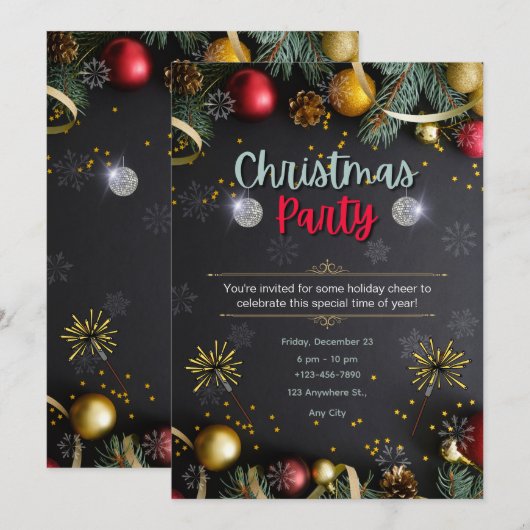 Invitation de Noël Elégante Noir Et Or (Devant / Derrière)