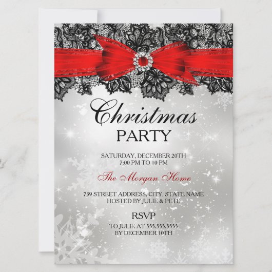 Invitation de Noël Fêtes d'Hiver Ruban Argent Roug (Devant)