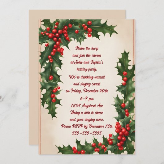 Invitation de Noël Holly Corners (Devant / Derrière)