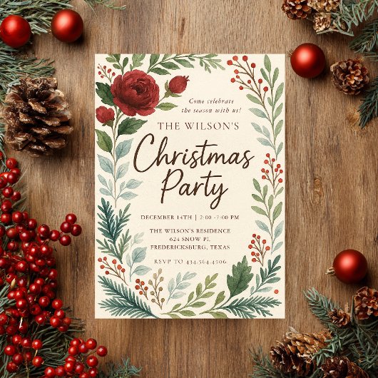Invitation de Noël Rustique Fleurs d'Hiver
