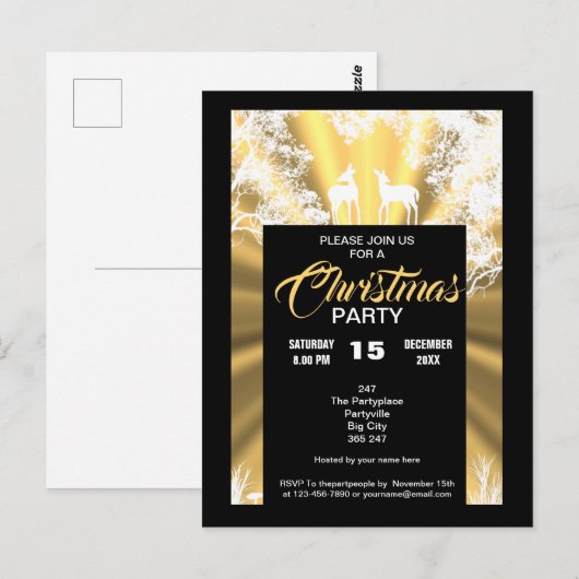 Invitation de Noël rustique noir et or (Devant / Derrière)