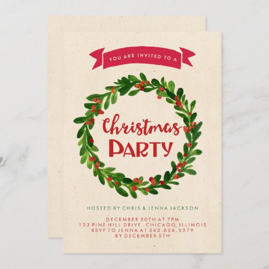 Invitation de Noël Wreath Fête (Devant / Derrière)