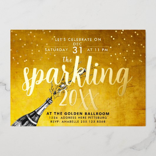 Invitation de Nouvel An Glam Champagne Pétillant O (Recto)