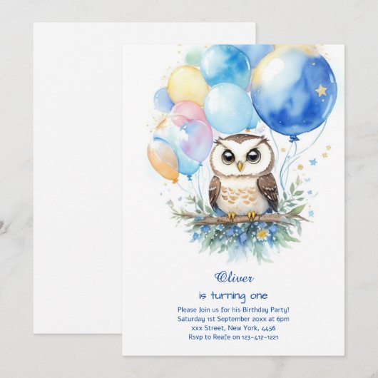 Invitation de Owl First Birthday (Devant / Derrière)