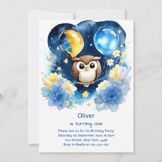 Invitation de Owl First Birthday (Devant)