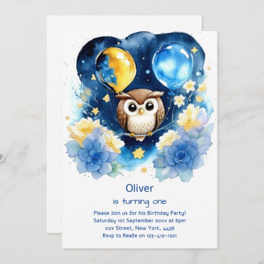 Invitation de Owl First Birthday (Devant / Derrière)