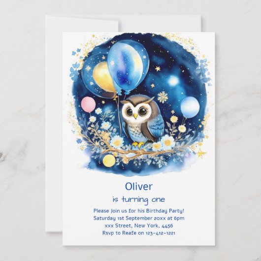 Invitation de Owl First Birthday (Devant)