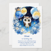 Invitation de Owl First Birthday (Devant / Derrière)