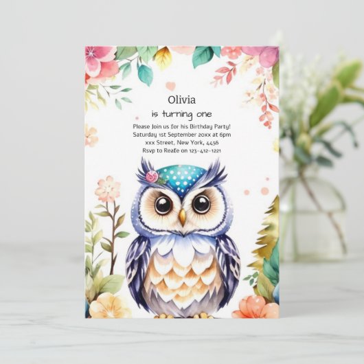 Invitation de Owl First Birthday (Debout devant)