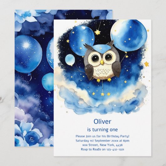 Invitation de Owl First Birthday (Devant / Derrière)