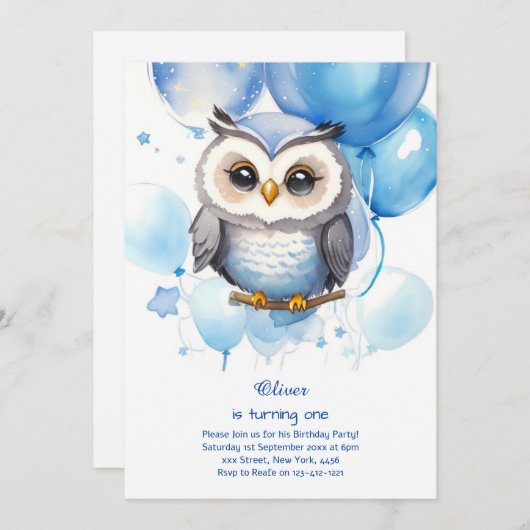 Invitation de Owl First Birthday (Devant / Derrière)