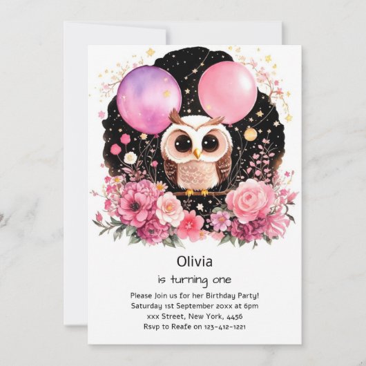 Invitation de Owl First Birthday (Devant)