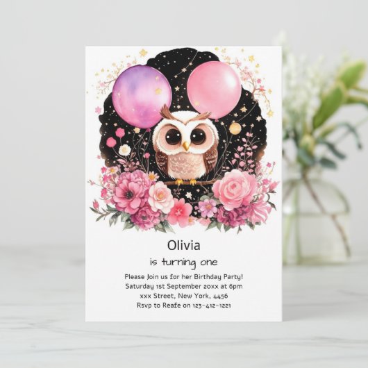 Invitation de Owl First Birthday (Debout devant)
