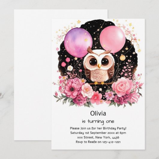 Invitation de Owl First Birthday (Devant / Derrière)