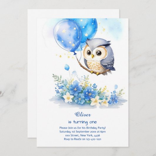 Invitation de Owl First Birthday (Devant / Derrière)