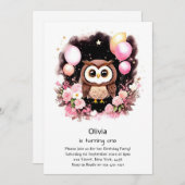 Invitation de Owl First Birthday (Devant / Derrière)