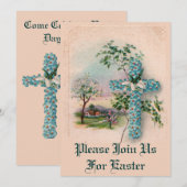 Invitation de Pâques Croix Fleur Bleue (Devant / Derrière)