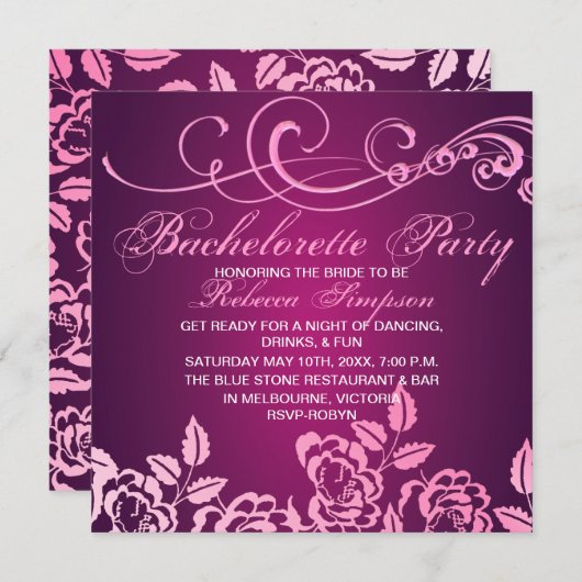Invitation de partie de Bachelorette de rose de (Devant / Derrière)