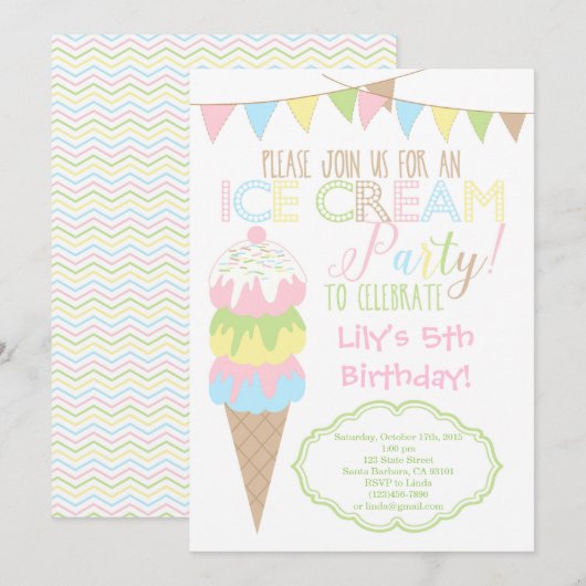 Invitation de partie de crème glacée (Devant / Derrière)