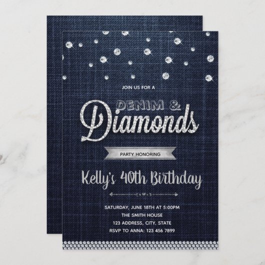 Invitation de partie de denim de diamants (Devant / Derrière)