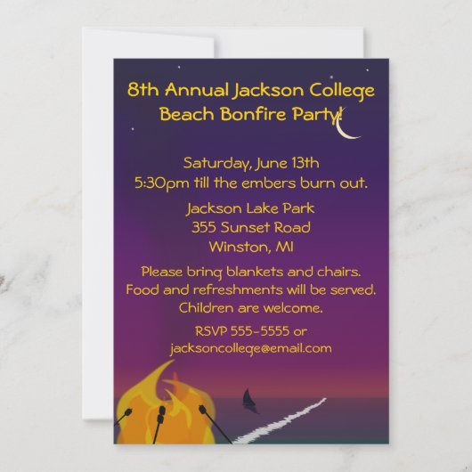 Invitation de partie de feu de plage (Devant)