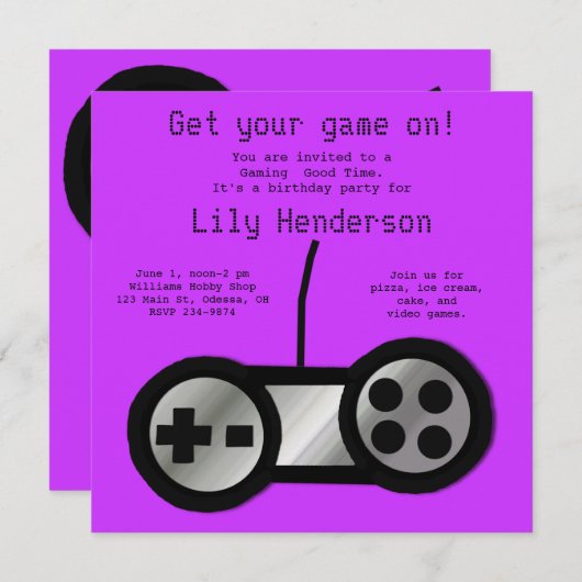 Invitation de partie de jeu vidéo violet chaud (Devant / Derrière)