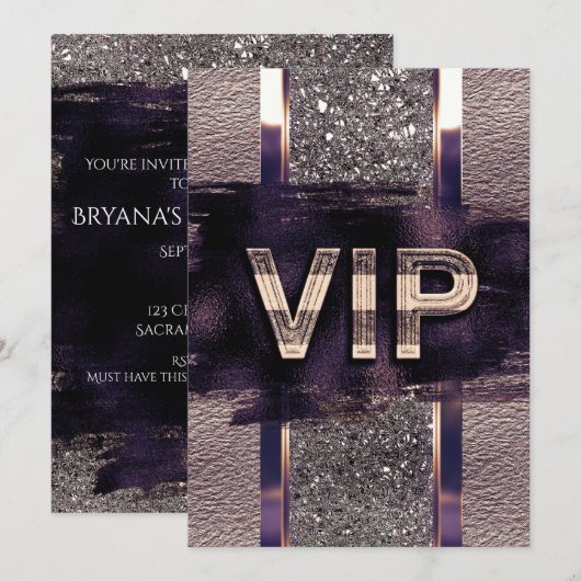 Invitation de partie VIP en métal violet et faux (Devant / Derrière)