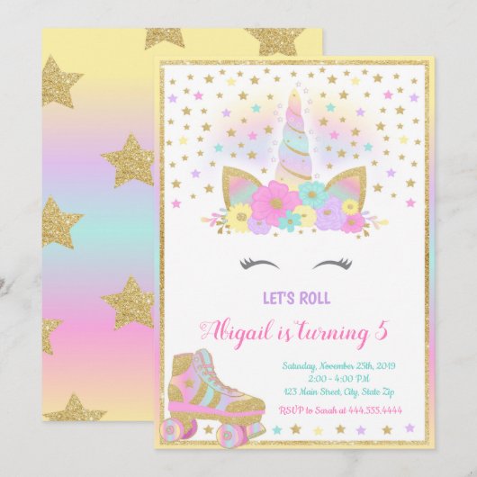 Invitation de patin à roulettes licorne, Licorne (Devant / Derrière)