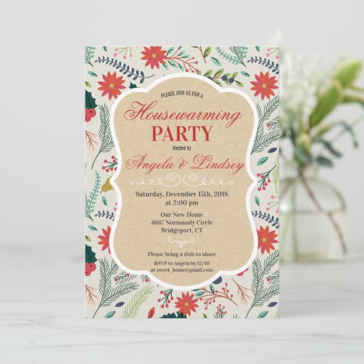 Invitation de pendaison de crémaillère à motif flo (Debout devant)