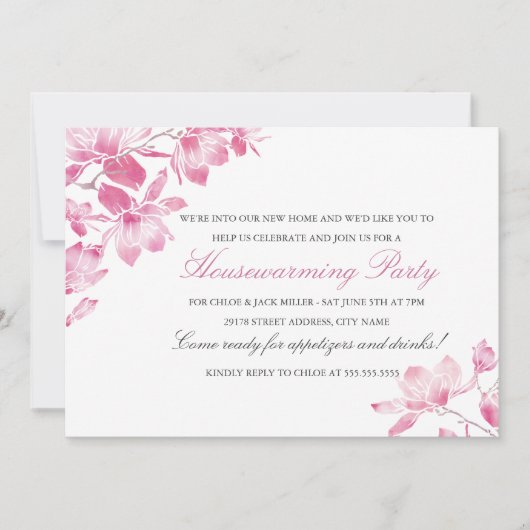 Invitation de pendaison de crémaillère Fleurs rose (Devant)