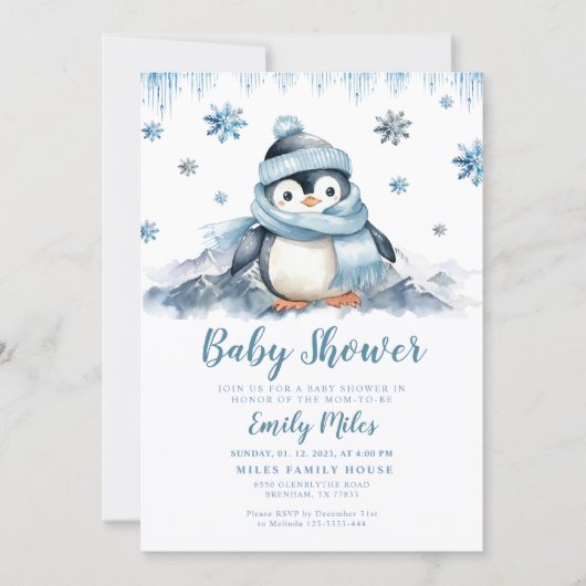 Invitation de Penguin Baby shower d'hiver (Devant)
