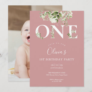 Invitation de photo de 1er anniversaire Rose Pouss