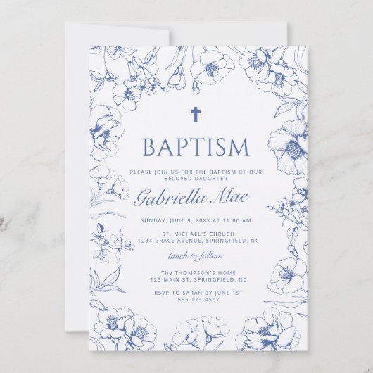 Invitation de photo de baptême à fleurs bleues (Devant)