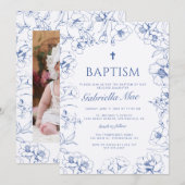 Invitation de photo de baptême à fleurs bleues (Devant / Derrière)