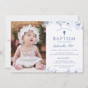 Invitation de photo de baptême aux fleurs bleues c