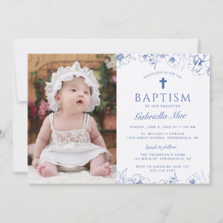 Invitation de photo de baptême aux fleurs bleues c