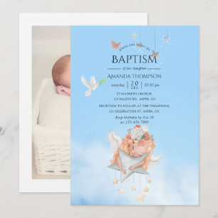 Invitation de photo de baptême d'ange de fille à l