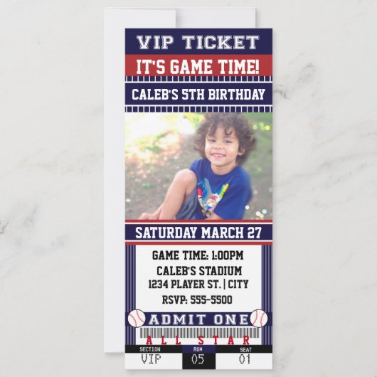 Invitation de photo de billet de BASEBALL bleu et (Devant)