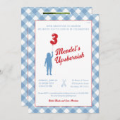 Invitation de photo de Blue Gingham avec Red Ballo (Devant / Derrière)