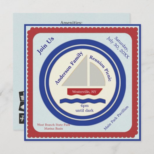 Invitation de pique-nique rouge, blanc, bleu (Devant / Derrière)