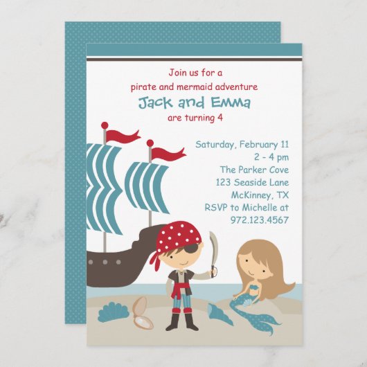 Invitation de Pirate et Sirène (Devant / Derrière)