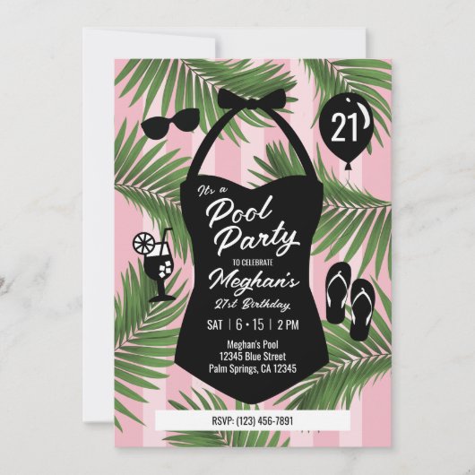 Invitation de piscine rétro 21e anniversaire (rose (Devant)