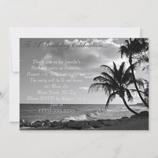 Invitation de plage tropicale en noir et blanc (Dos)