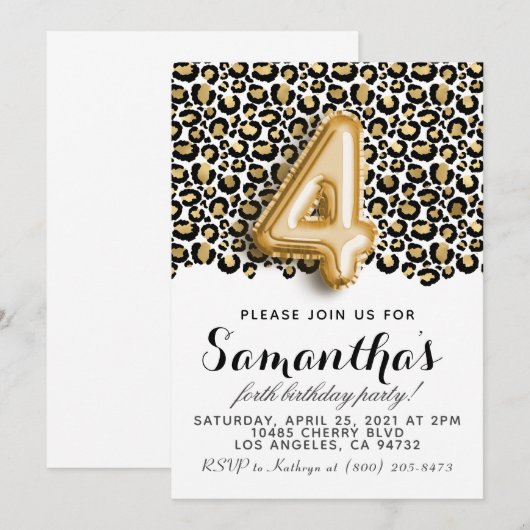 Invitation de Poster de animal Leopard 4e annivers (Devant / Derrière)